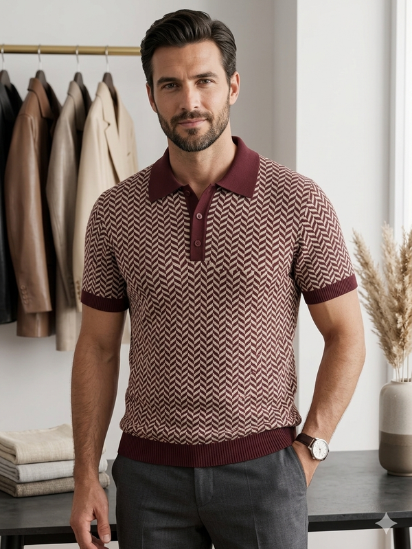 Knited polo Tshirt for men Marron/white
