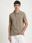 Men Beige Solid Slim Fit Pure Cotton Polo Collar T-shirt