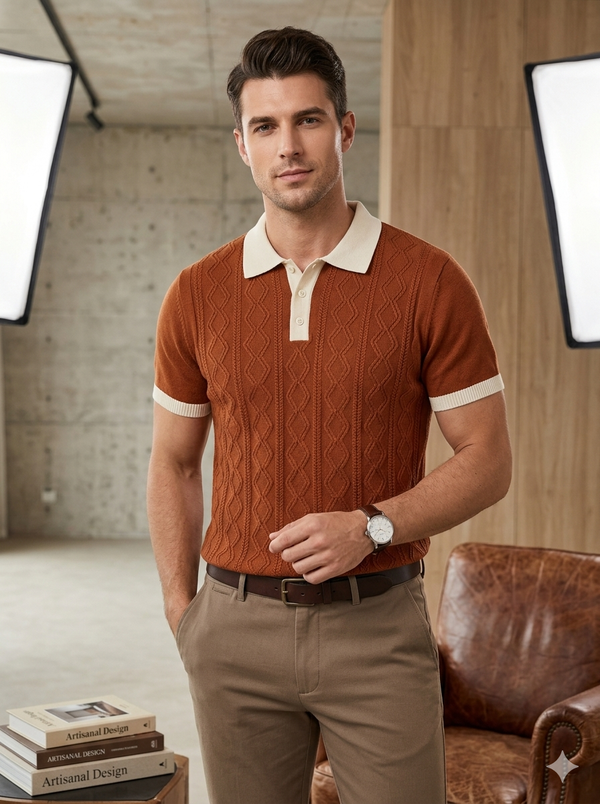 Men knited polo Tshirt with beige colar