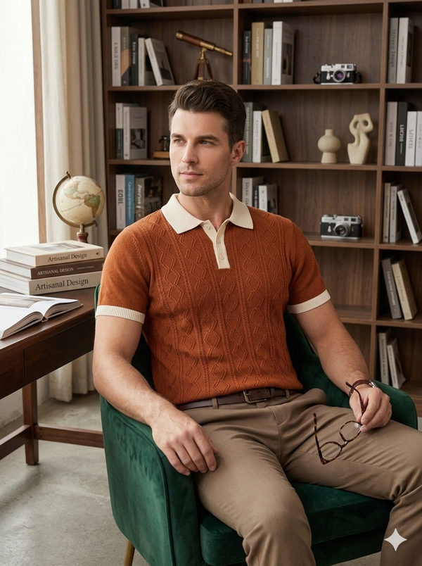 Men knited polo Tshirt with beige colar