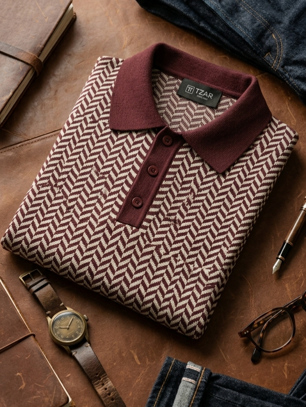 Knited polo Tshirt for men Marron/white