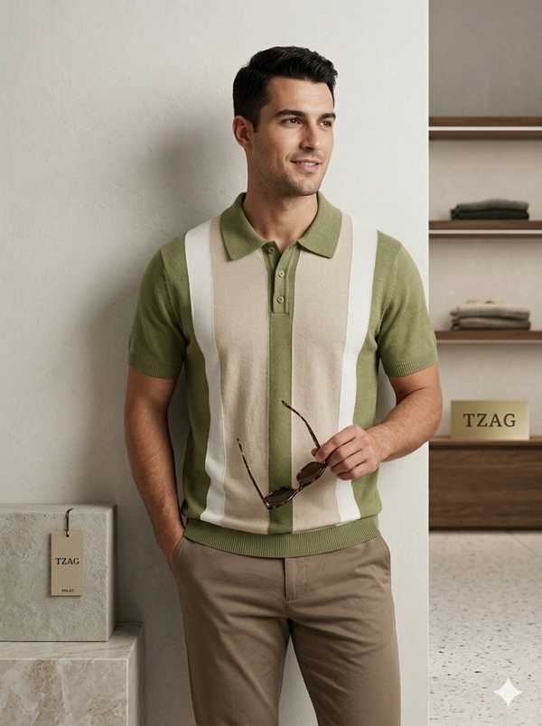 Knited polo Tshirt for men Green/Beige