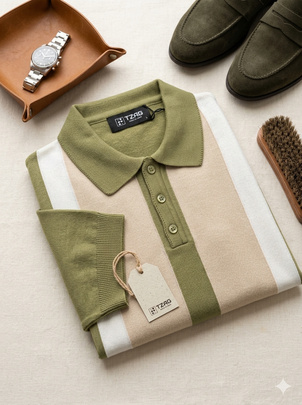 Knited polo Tshirt for men Green/Beige